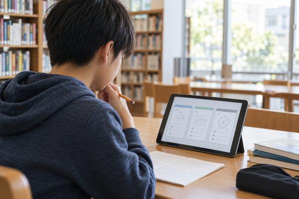 図書館でタブレットに並んだ3種類の数学の練習問題を見比べる中学生