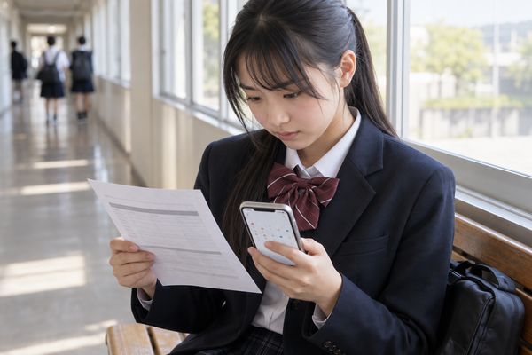 校舎の廊下で、配られた模試の案内プリントとスマートフォンを見比べている制服の高校生