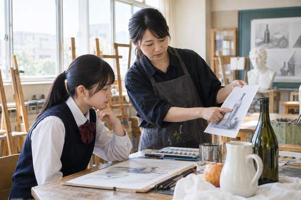 明るい美術室で制服姿の中学生が先生から作品の講評を受けている様子