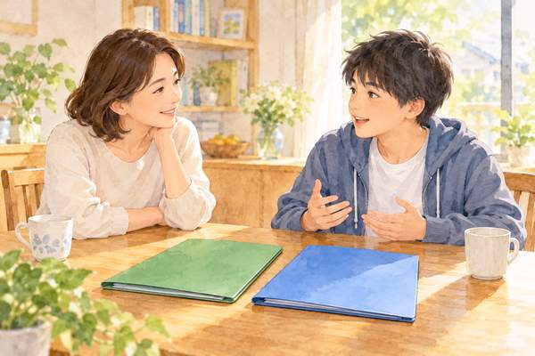 自宅のテーブルで、中学生と母親が2冊の資料を前に、推薦と学力選抜で内申点の役割が違うことを話し合っている場面