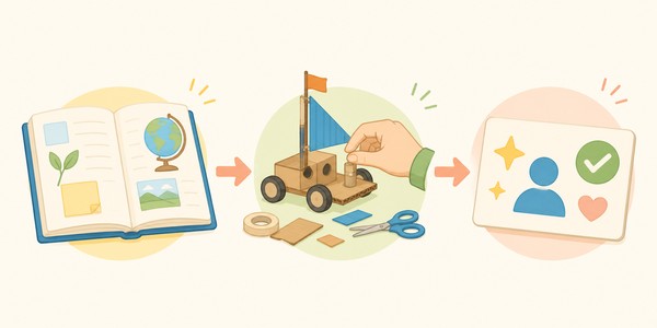 学んだ知識を使い、工夫しながら作り、振り返って次に生かす流れが評価につながることを示した図解