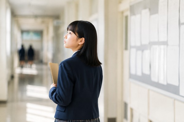 明るい校舎の廊下で資料を抱え、自分の学習の変化を静かに振り返る制服の中学生