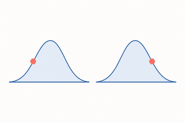 同じ得点を表す点でも、受験者の分布が変われば集団の中での位置が変わることを2つの山型のグラフで示した図解
