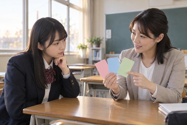 教室で先生が3色のカードを見せながら、高校生へ3観点の違いを説明している場面