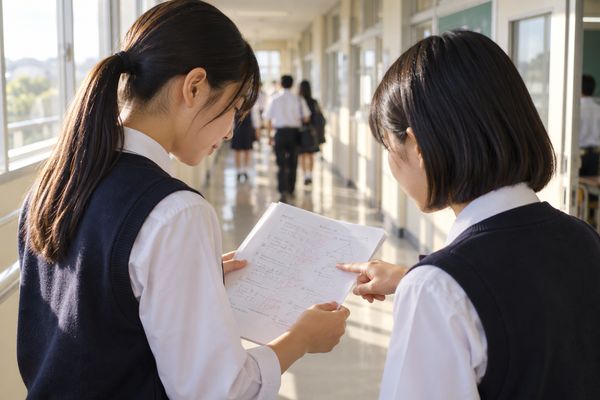 明るい校舎の廊下で、制服姿の中学生2人が返却された答案を並べて見比べ、失点した問題を指さして話している様子