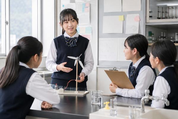 理科室で模型を使いながら班の仲間へ考えを説明する制服の女子中学生