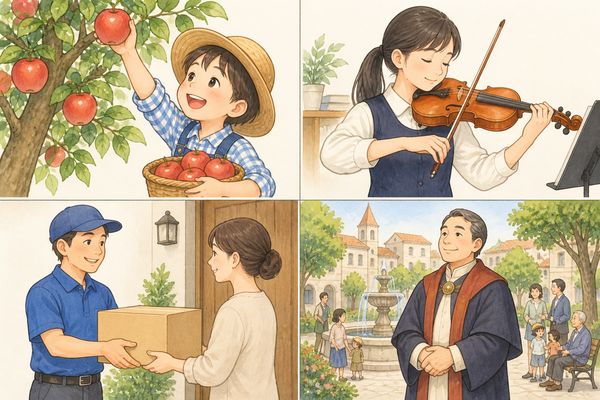 収める・修める・納める・治めるの意味を4場面の絵で示した図解