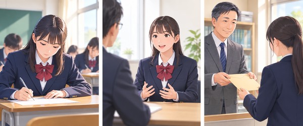一般選抜の学力試験、総合型選抜の面接、学校推薦型選抜の推薦書受け取りを並べた3場面の図解