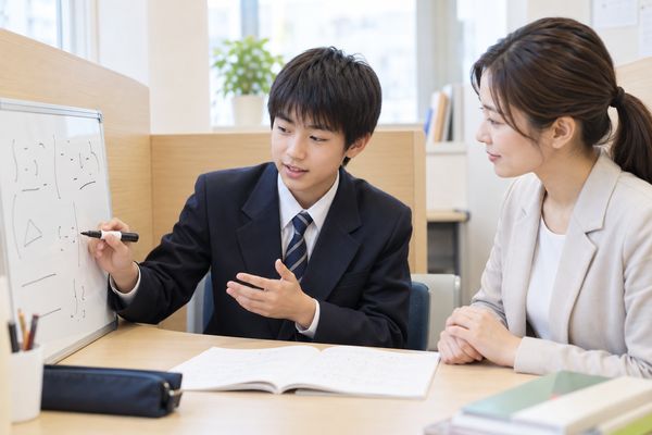 個別指導のブースで、生徒がホワイトボードに解き方を書きながら講師へ説明している場面