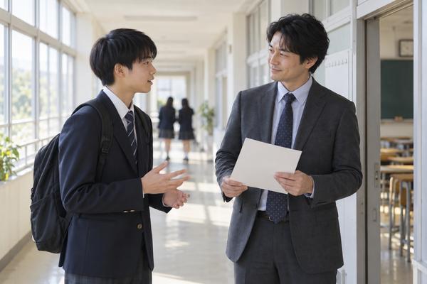 校舎の廊下で、高校生が答案を持った先生へ評価の材料と改善点をたずねている場面