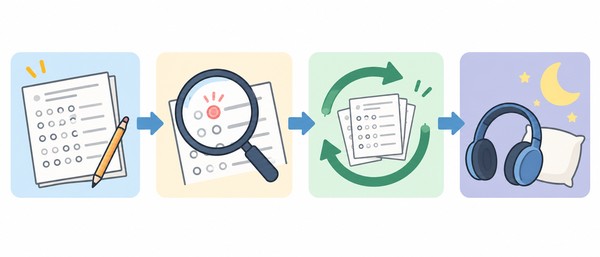 直前対策4ステップの図解。過去問を解く、弱点を一つに絞る、同じ問題を解き直す、リスニングを聞いて眠る、という順番を矢印でつないだ流れ図