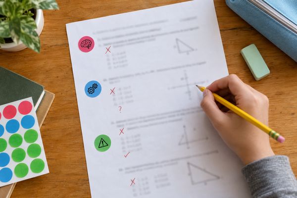 返ってきたテストの答案に、知識・手順・ミスを表す3色のシールを貼り、失点の原因を分類している手元