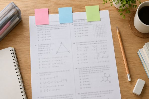 返却された問題プリントの上部にピンク・水色・黄緑の3色の付箋を並べて貼り、間違いを3種類に分類している机の上