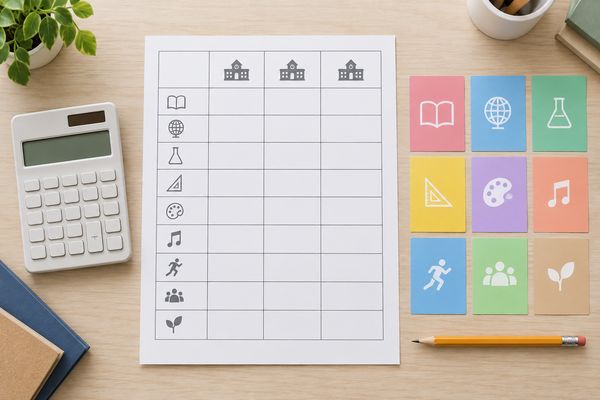 9教科の評定を書き込む用紙と電卓、教科ごとの色分けカードを机に並べて内申の合計を計算する準備をした様子