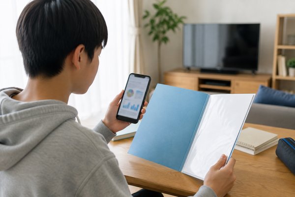 私服の中学生が自宅でスマートフォンのネット記事を見ながら、学校から配られた評価資料のファイルを開いて見比べている様子