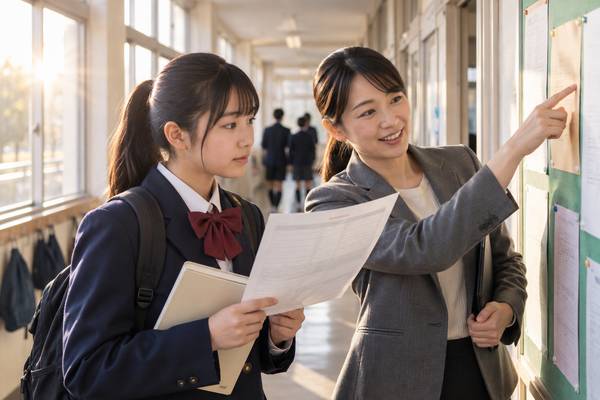 廊下の掲示板に貼られたテスト範囲表を先生が指さし、中学生がプリントを手に確認している様子