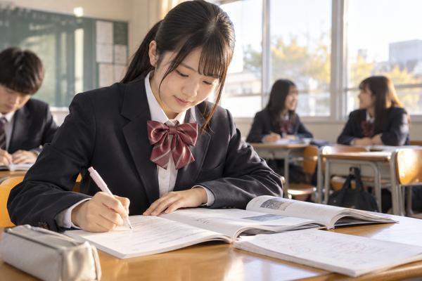 放課後の教室で学校の英語ワークを自力で解いている制服姿の高校生