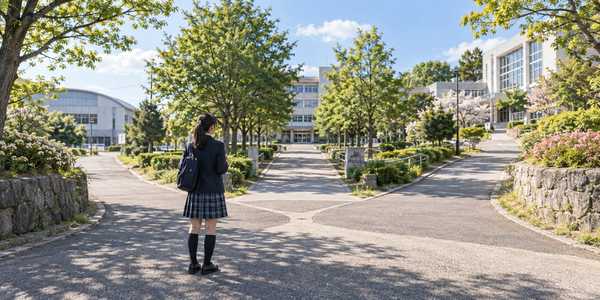 複数の校舎へ道が分かれる場所に立ち、進む先を考えている制服姿の中学生