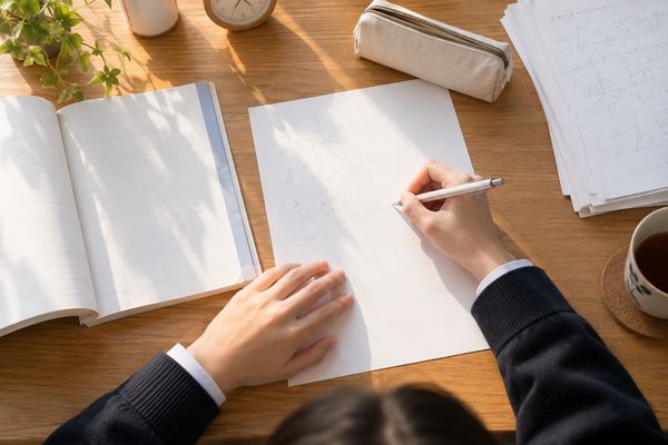 教材を閉じたまま白紙に数学の途中式を書き出して再現している高校生の手元