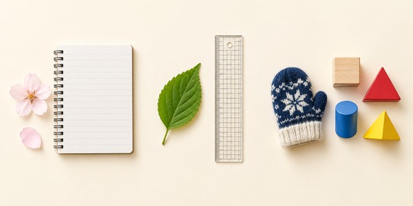 桜・緑の葉・冬のミトンで春夏冬を表し、ノート・定規・図形ブロックと道具が増えていく様子