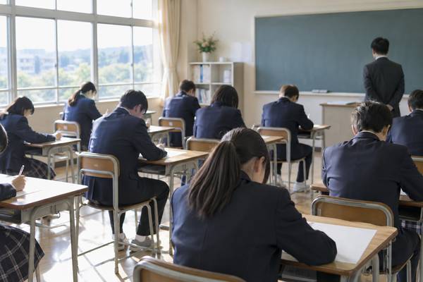 日の差す中学校の教室で、制服の生徒たちが席に着いて一斉に問題用紙に取り組んでいる様子。全国学力調査が学校を通して実施されることを表している