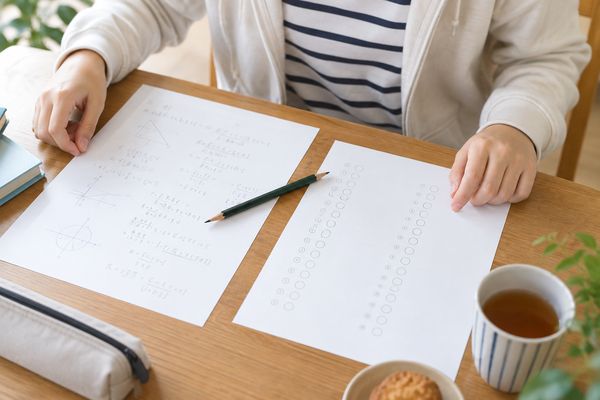 机の上に、途中式を書いた記述式の答案とマークシート式の解答用紙を並べて見比べている手元