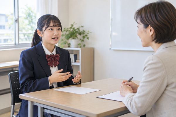 制服姿の中学生が机をはさんで先生と向かい合い、英検の面接形式のように英語で受け答えをしている様子