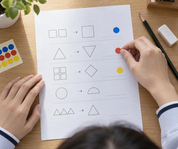 答案を机に広げ、間違えた問題に色分けした丸いシールを貼って原因ごとに印をつけている手元