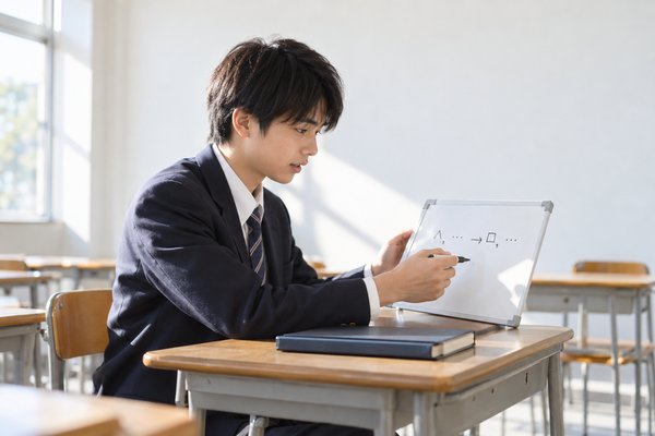 明るい教室で制服姿の高校生が、解いた問題の方針と途中式を書き出して確かめている様子