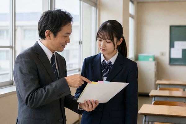 放課後の教室で、観点ごとに色分けした付せんのついた資料を指しながら生徒に説明している先生