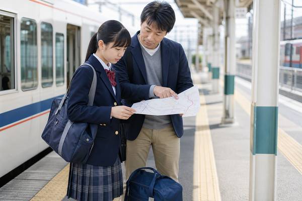 駅のホームで路線図を広げ、高校までの通学経路と所要時間を確かめる中学生と父親