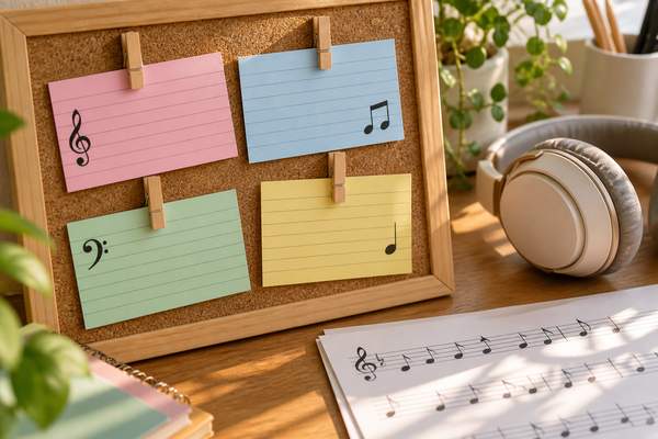 コルクボードに留めた色分けの曲カードと、机に広げた楽譜、ヘッドホンが並ぶ机まわりの様子