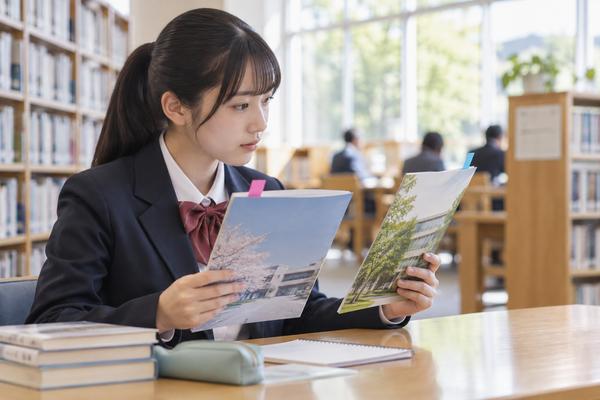 図書館で制服の女子中学生が2冊の入試資料を見比べている