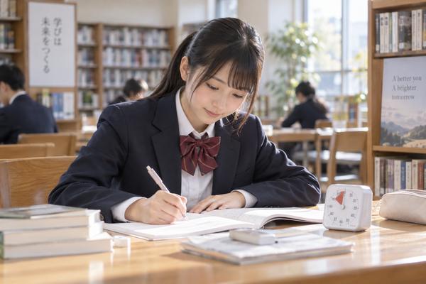 学校の図書室でタイマーを机に置き、ノートに書きながら勉強している制服の中学生