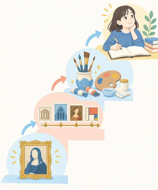 美術検定の級が上がるにつれて、有名絵画の知識から美術館や画材、鑑賞へと出題範囲が広がっていく様子を示したイラスト