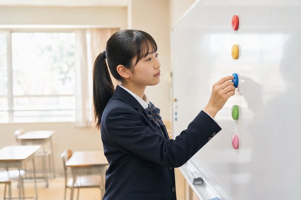 制服姿の中学生が放課後の教室で、5色の丸いマグネットを高さを変えて黒板に並べ教科の優先順位を考えている様子