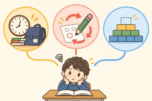 勉強する時間が減った、勉強しているのに身についていない、前の単元に穴があるという3つの原因を、時計・繰り返しの矢印・積み木の欠けで表したイラスト
