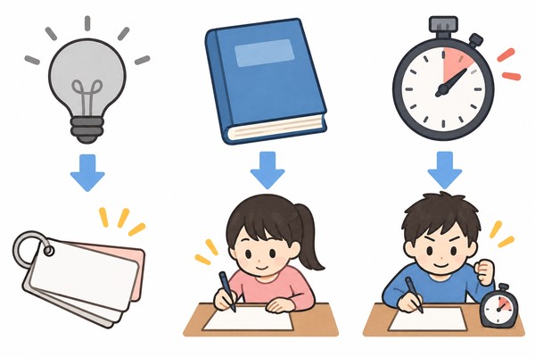 Aの覚え直しは単語カード、Bの再現不足は白紙での解き直し、Cの時間不足は時間を測った練習へつながることを示した3分岐の図解