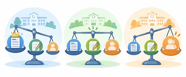 学校ごとに調査書と学力検査、面接の重みが違うことを、傾きの異なる3つの天秤で表した図解