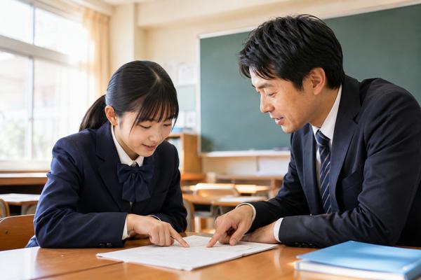 明るい教室で、制服の中学生と教科担当の先生が観点別評価の記録を指さしながら一緒に確認している様子