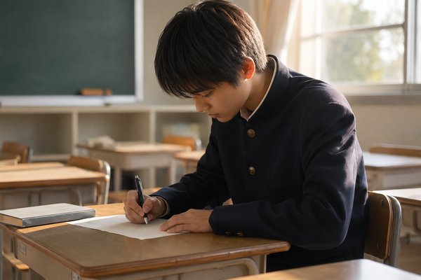放課後の教室で参考書を閉じ、自力で問題を解いている制服の高校生