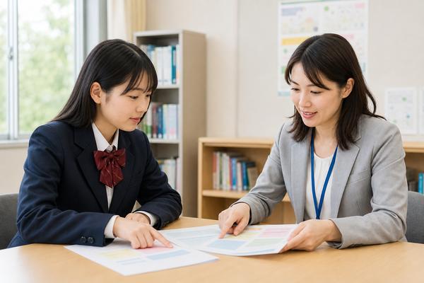 進路相談室で先生と一緒に2枚の成績資料を並べ、同じ条件同士かを確かめている制服の高校生