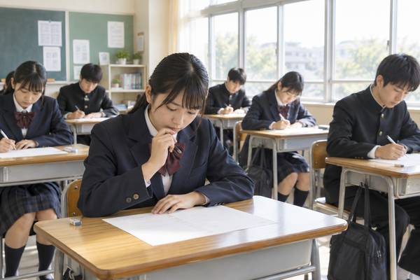 教室で模試の問題に取り組む制服の中学生たち