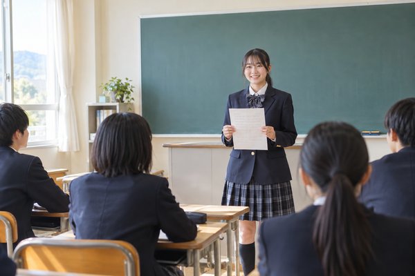教室の前に立ち、原稿を持って作文を読み上げる高校生