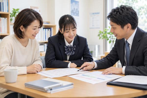 保護者と生徒が塾の面談で、答案と資料を前に講師の説明を聞いている場面