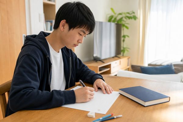参考書を閉じ、白紙に自分の手で解答を再現している高校生
