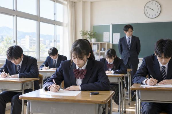明るい教室で、制服の中学生が時計を見ながら静かに数学のテストを解いている様子