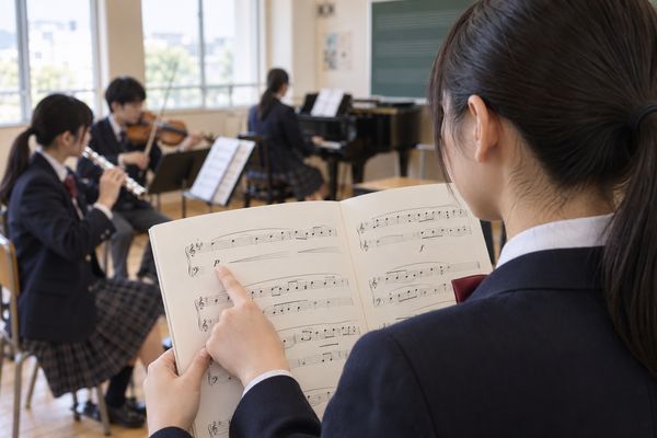 音楽室で演奏を聴きながら、制服の中学生が楽譜の強弱記号を指さして確認している様子