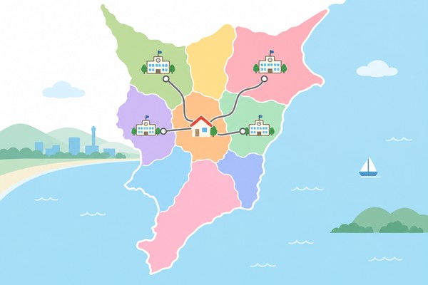 千葉県の形を9つの学区に色分けし、自宅から志願できる高校が線でつながっていることを示した図解