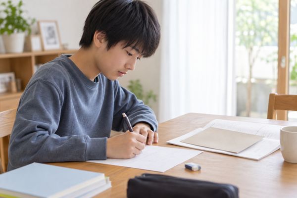 自宅の明るい食卓で答えを見ずに白紙へ解き直す私服の中学生